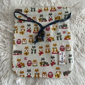 7.5”x9.5” Cream Shiba Inu Dog Print Fabric Drawstring Bag NEW